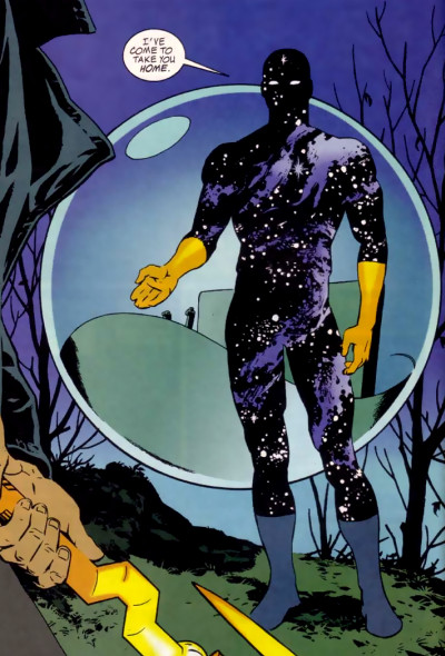 The future Star Boy as Starman, greeting Jack Knight. Art by Peter Snejbjerg.